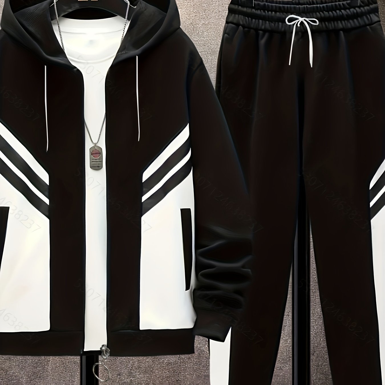 Casual polyester men's tracksuit set with hoodie, pocket detail, solid color, long sleeve knit fabric, slight stretch, regular fit.