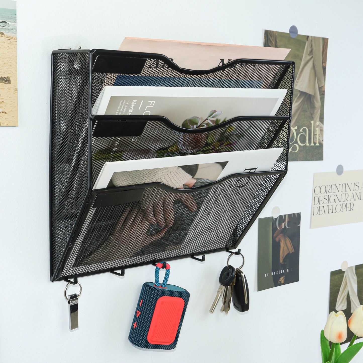 Wall mount file organizer with key hooks, vertical hanging folder for organization, light blue iron material, space-saving design.