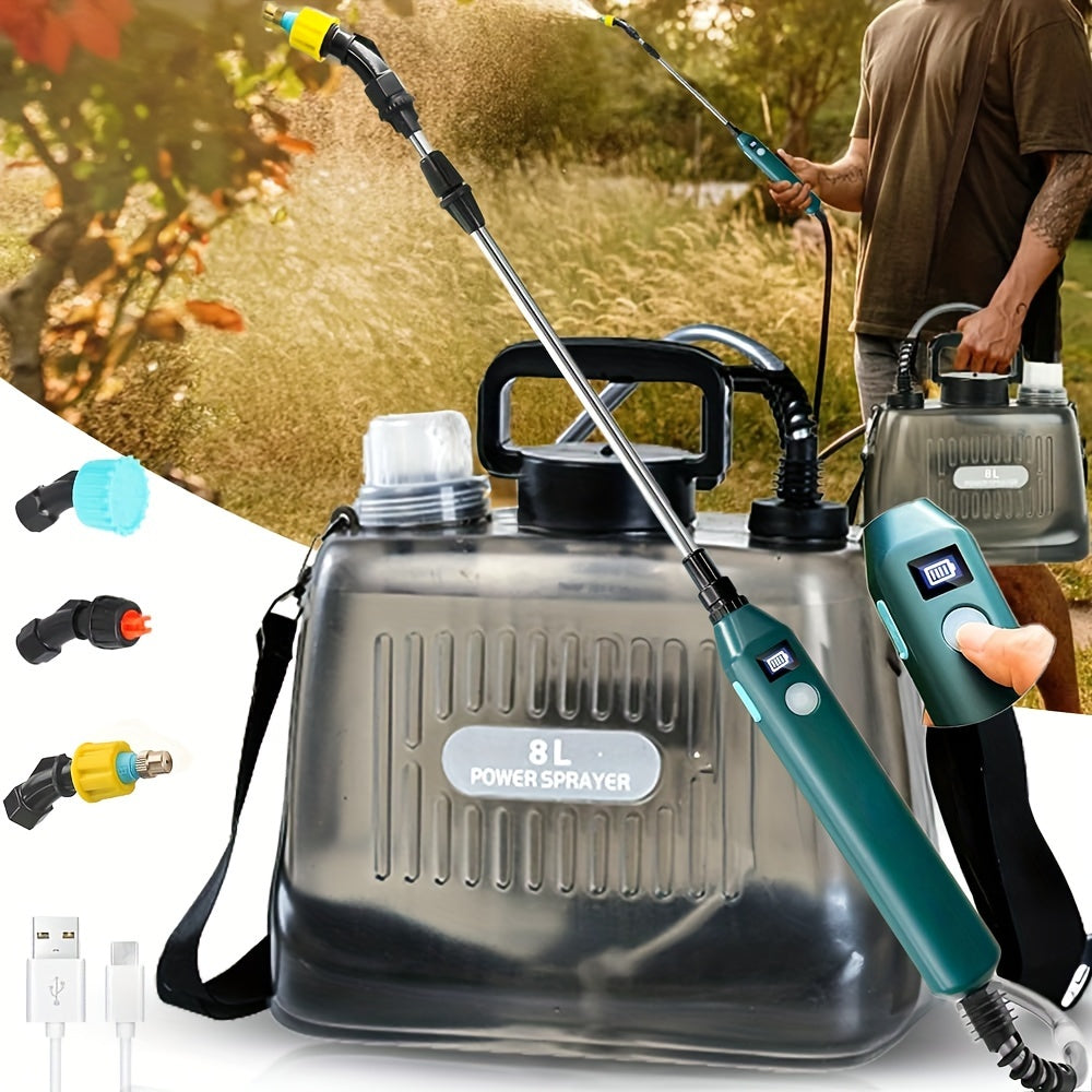 8L battery-powered sprayer with transparent tank, rechargeable lithium battery, 3 nozzles, telescopic wand, and adjustable brass nozzle for yard maintenance and plant watering.