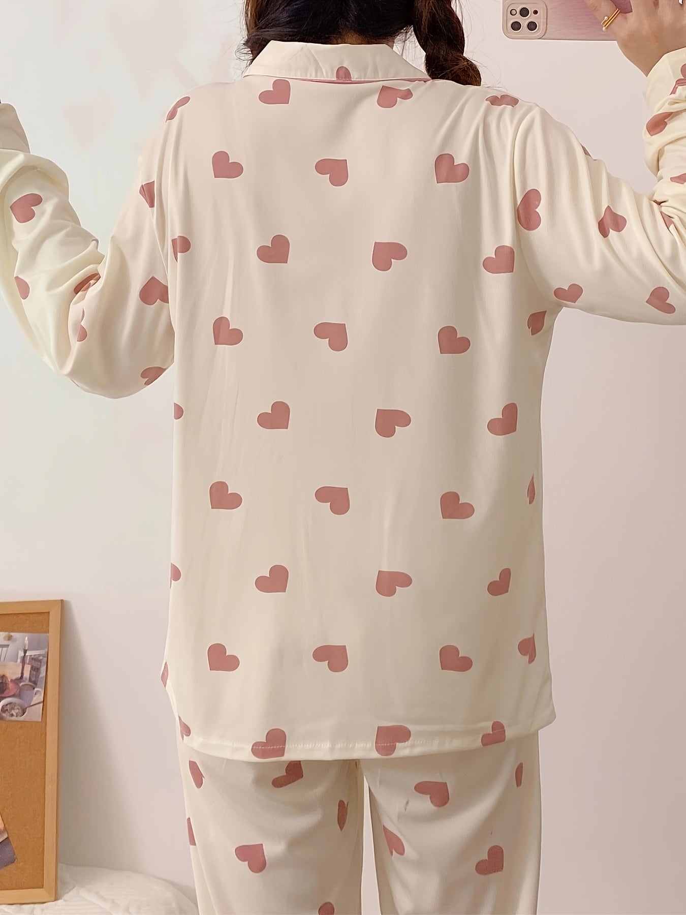 Women's Valentine's Day Heart Pattern Pajama Set - Cozy Polyester, Long Sleeve Top & Elastic Waist Pants, Ideal for Spring/Fall