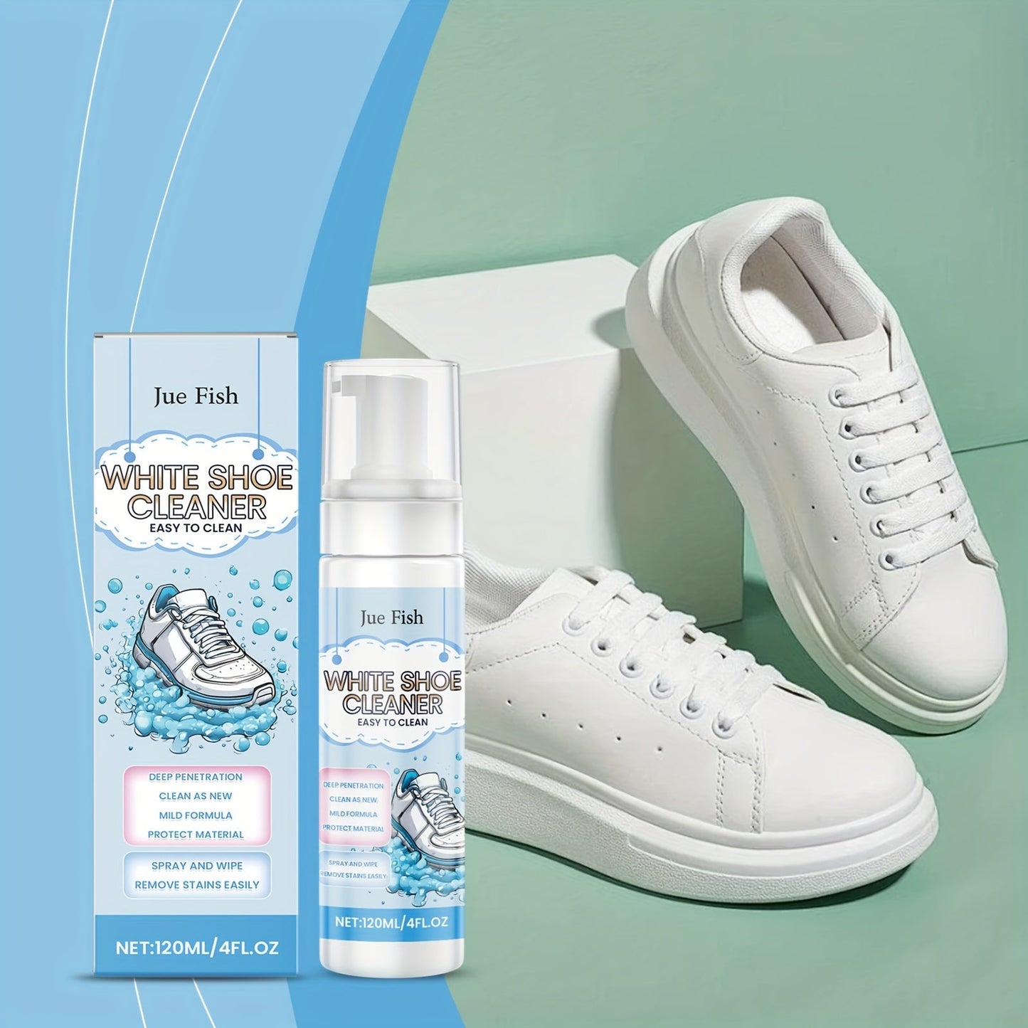 Jue Fish White Shoe Cleaner Foam effectively removes stains and yellowing, providing long-lasting care for PU leather, canvas, and athletic shoes. This residue-free formula contains sodium bicarbonate in a liquid form, with a capacity of less than 1