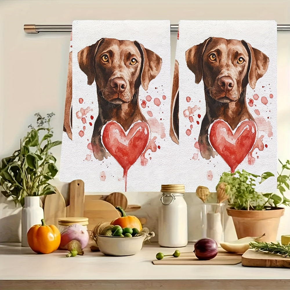 This set includes two ultra-soft kitchen towels with charming dog art perfect for Valentine's Day. They are highly absorbent and great for holiday decoration. These machine washable towels measure 40.64X60.96 cm.