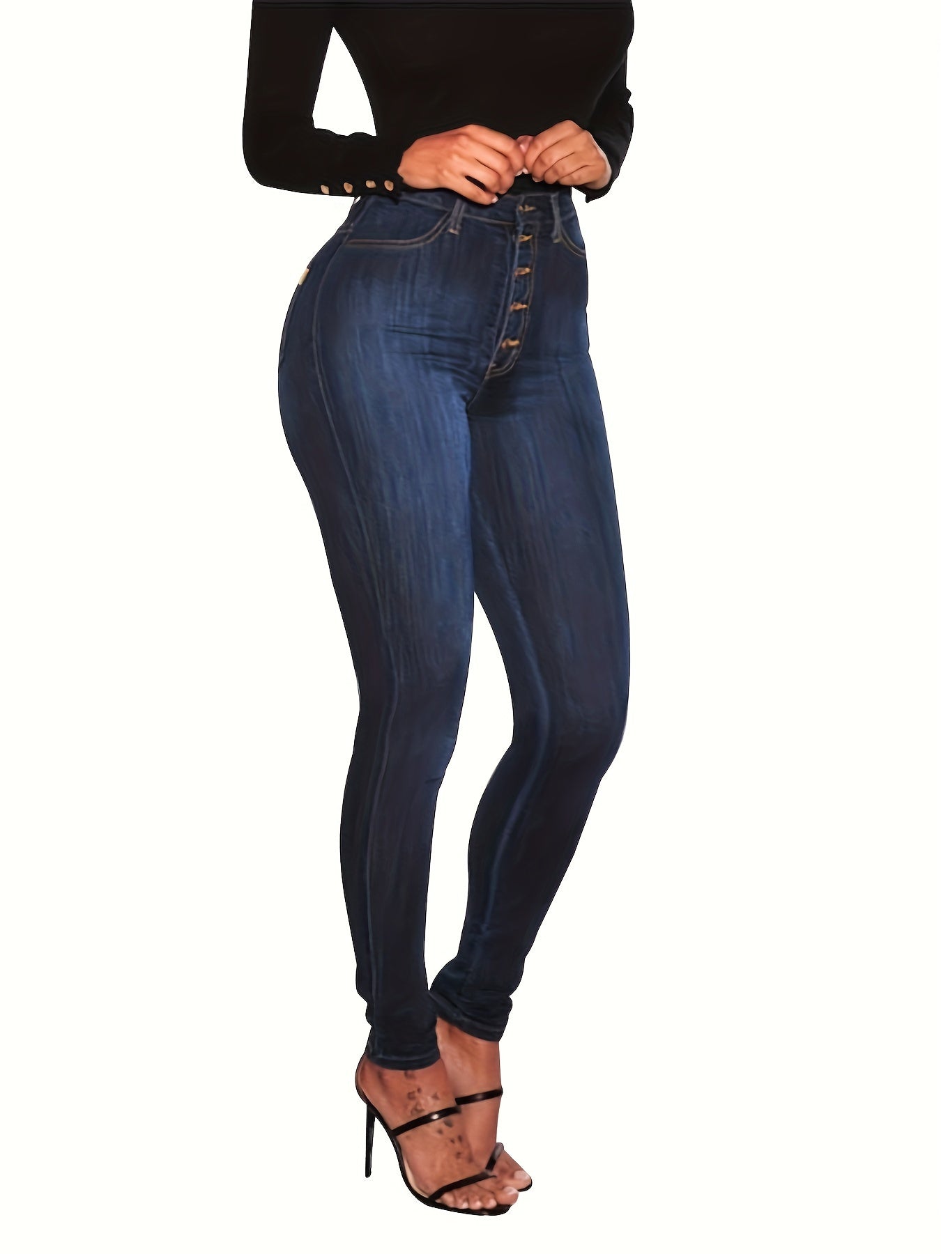 High-waist skinny jeans for women with curve-enhancing fit, button detail, solid color and cotton blend denim suitable for all seasons.