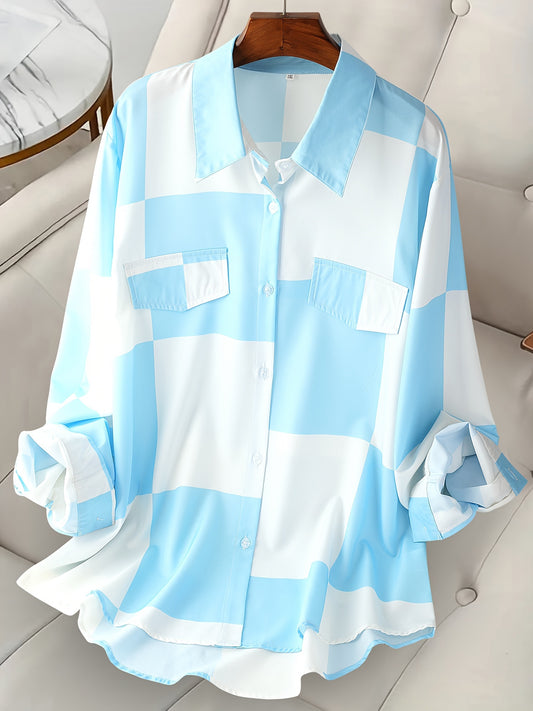 Striped Print Button Front Shirt for plus-size women, perfect for Spring & Fall.