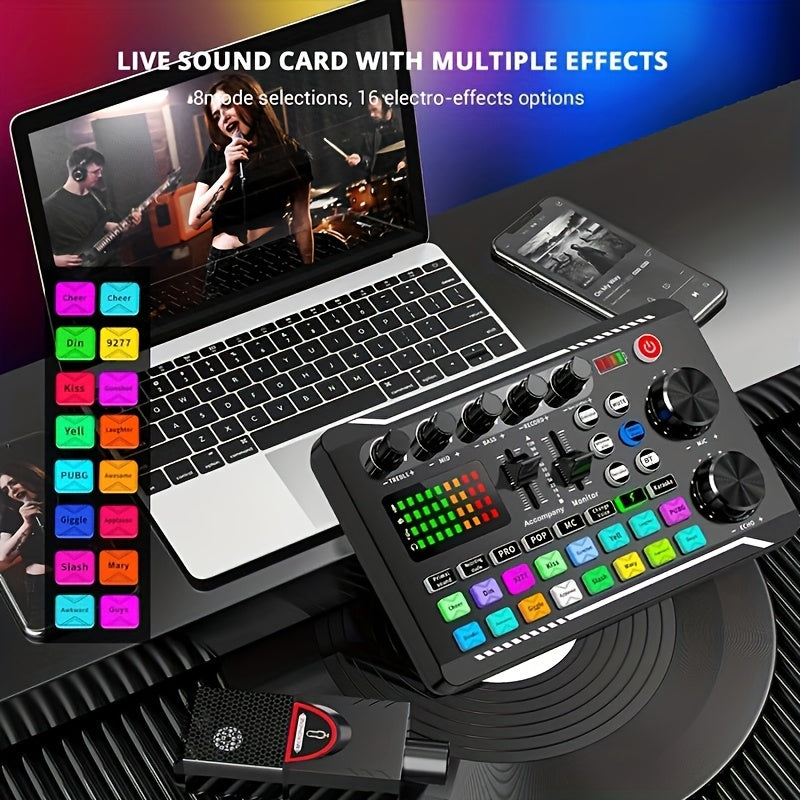 USB-powered live sound card with audio interface, DJ mixer effects, voice changer, rechargeable 1200mAh lithium battery, for streaming, podcasting, gaming - studio equipment.