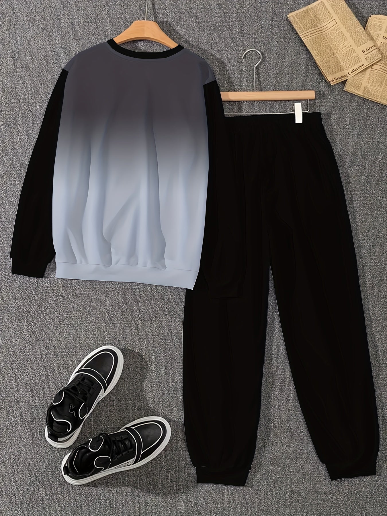 Men's Gradient Color Blocking Long Sleeve Sweatshirt + Sweatpants Set, Casual Sports Gift