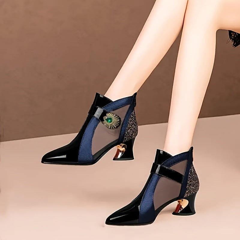 Stylish women's pointed-toe high heels with mesh cutout ankle boots, rhinestone detail, and back zipper closure for casual wear in color block design.