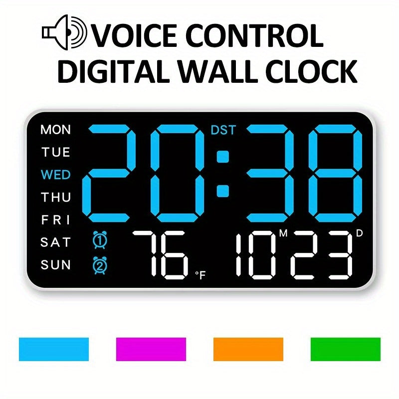 Voice controlled LED wall clock with dual alarms, USB powered, temperature display, adjustable brightness, and sleek black design for home and office.