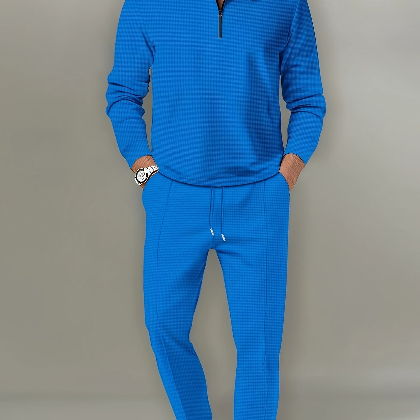 Men's 2Pcs Waffle Pattern Outfit: V Neck Shirt + Sweatpants Set for Spring/Fall