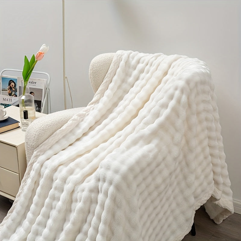 Ideal Birthday Gift: Luxurious White Bubble Fleece Blanket, made of 100% Polyester with All-Season Knit Fabric,  Soft and Cozy for Living Room, Office, Bedroom, Camping, Pet use. Versatile Throw in Contemporary Style, weighing 250-300gsm.