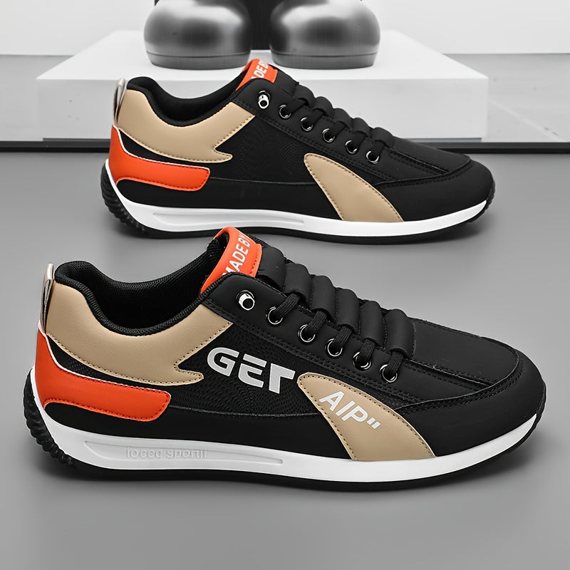 Men's fashion sneakers with thick sole, breathable lining, durable materials, and designer style.