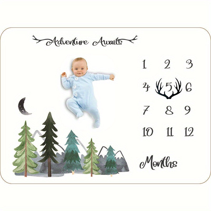 Monthly milestone blanket for your baby, featuring a felt frame and mountain design. Perfect for tracking your little boy's growth and decorating your woodland nursery. Ideal for baby showers, measuring 60x40 inches.