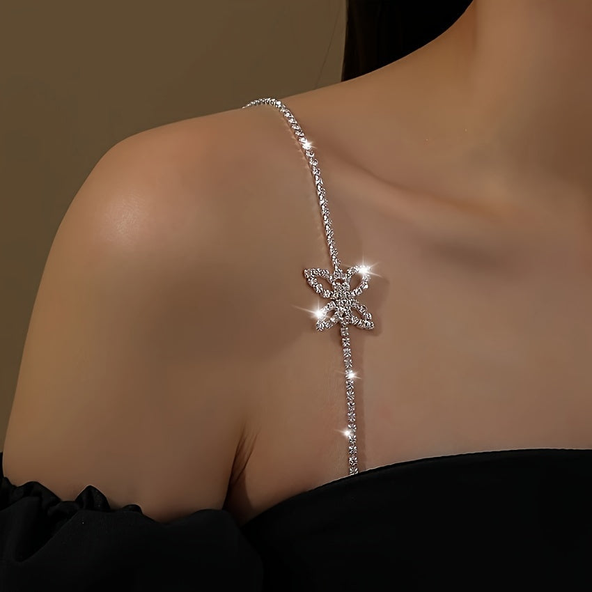 Elegant butterfly body chain with sexy invisible one-shoulder strap, rhinestone mosaic, copper material. Suitable for weddings, banquets, Valentine's Day gift, and all-season wear.