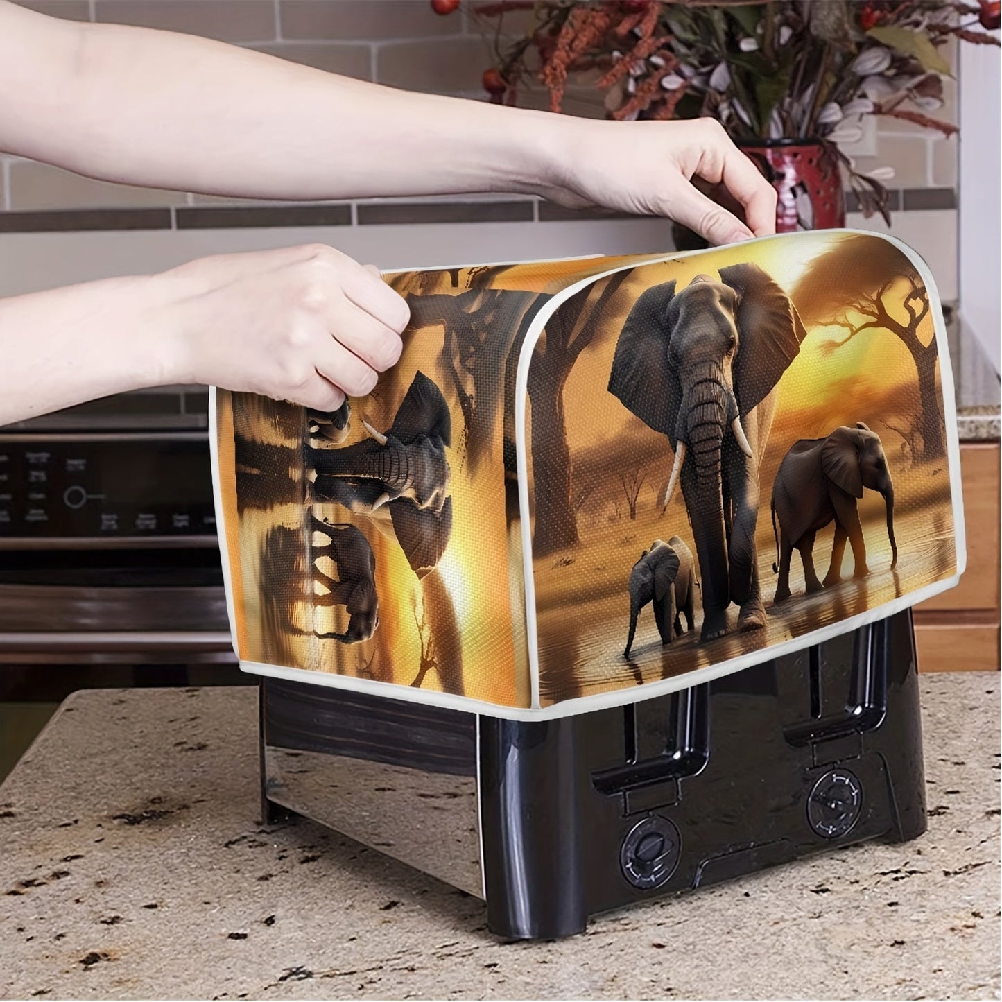 Universal Fit Elephant Toaster Cover, Non-Electric, Dustproof, Grease & Fingerprint Resistant, Machine Washable - Food-Safe Appliance Protector for Kitchen Decor.