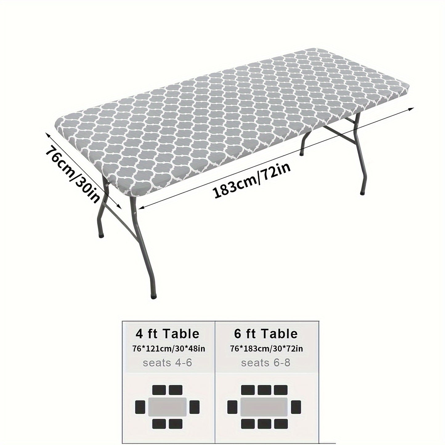 Waterproof vinyl table cover with flannel backing and elastic edge, featuring a gray and white geometric pattern. Ideal for indoor and outdoor use on home patio. Machine-woven fabric with easy-clean surface.