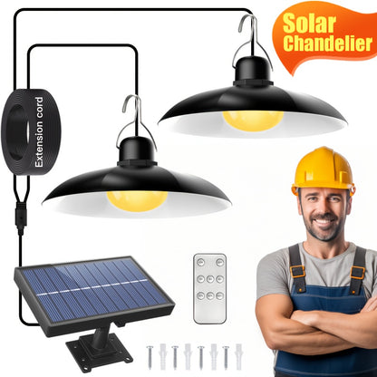 Solar one-for-two chandelier with 3 modes and adjustable angle. Suitable for indoor or outdoor use in barns, gazebos, and patios.