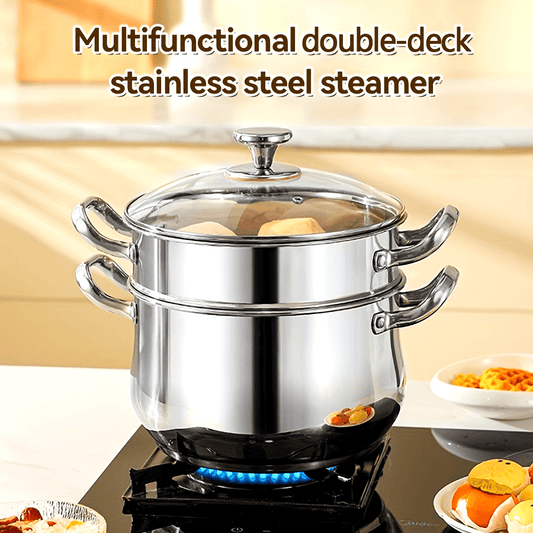 Stainless Steel Double-Layer Steamer Set with 3 Pieces - Perfect for Home, Parties, and Restaurants - Large Capacity, Dual Handles, Deep Soup Pot, and Dishwasher Safe