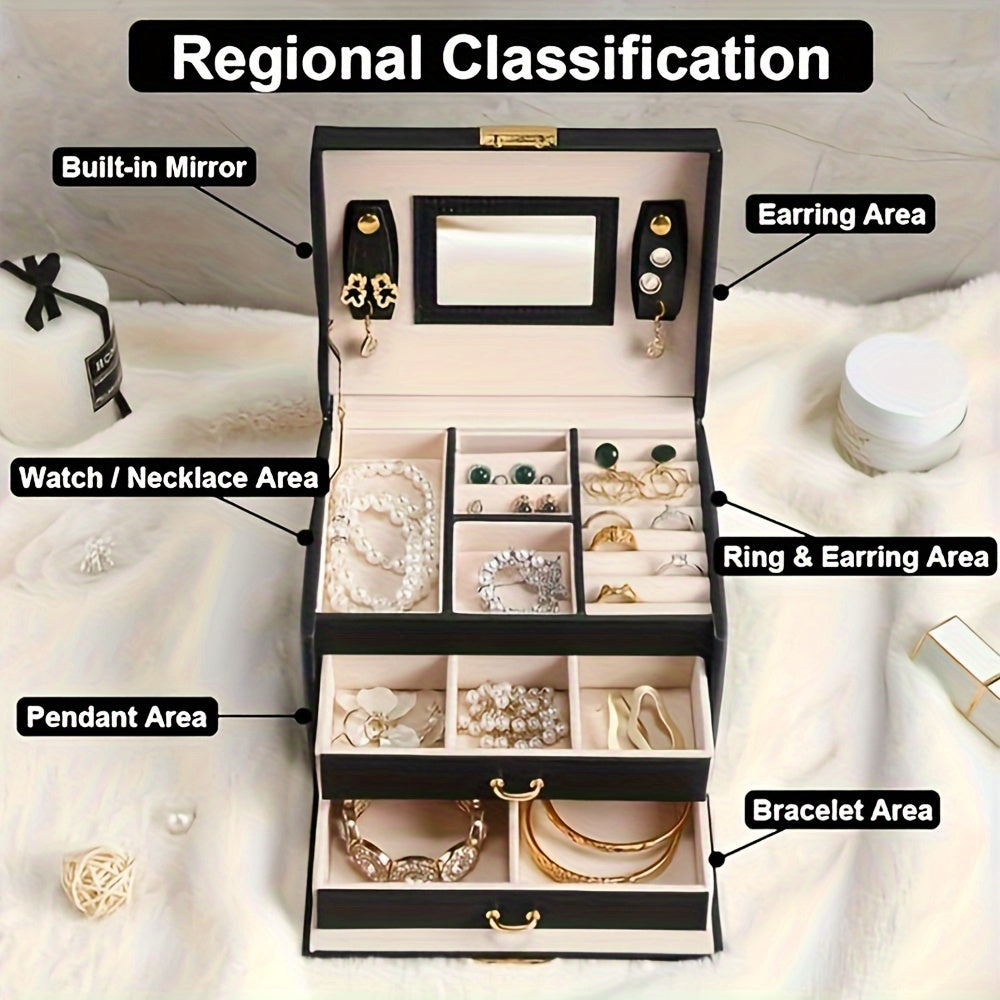 Chic 3-tier jewelry box with lock, mirror, and double drawer organizer. Light purple with golden accents. Ideal gift for wife, mom, or best friend. Includes travel case, decorative trim