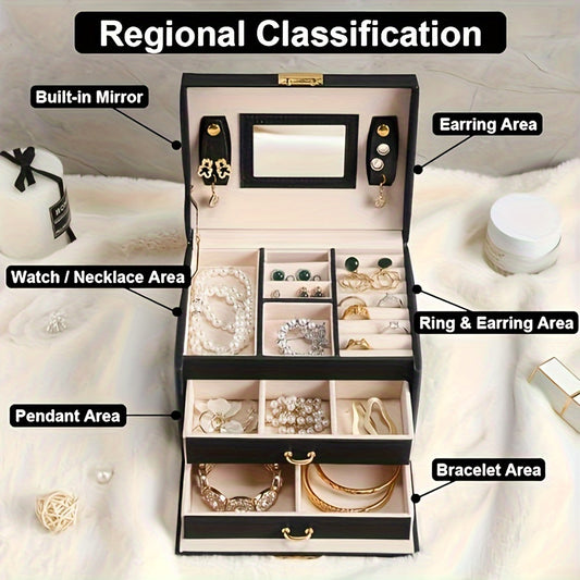 Elegant faux leather jewelry organizer with lock for storing rings, earrings, bracelets, and watches. Ideal gift for women who love jewelry making and displaying.