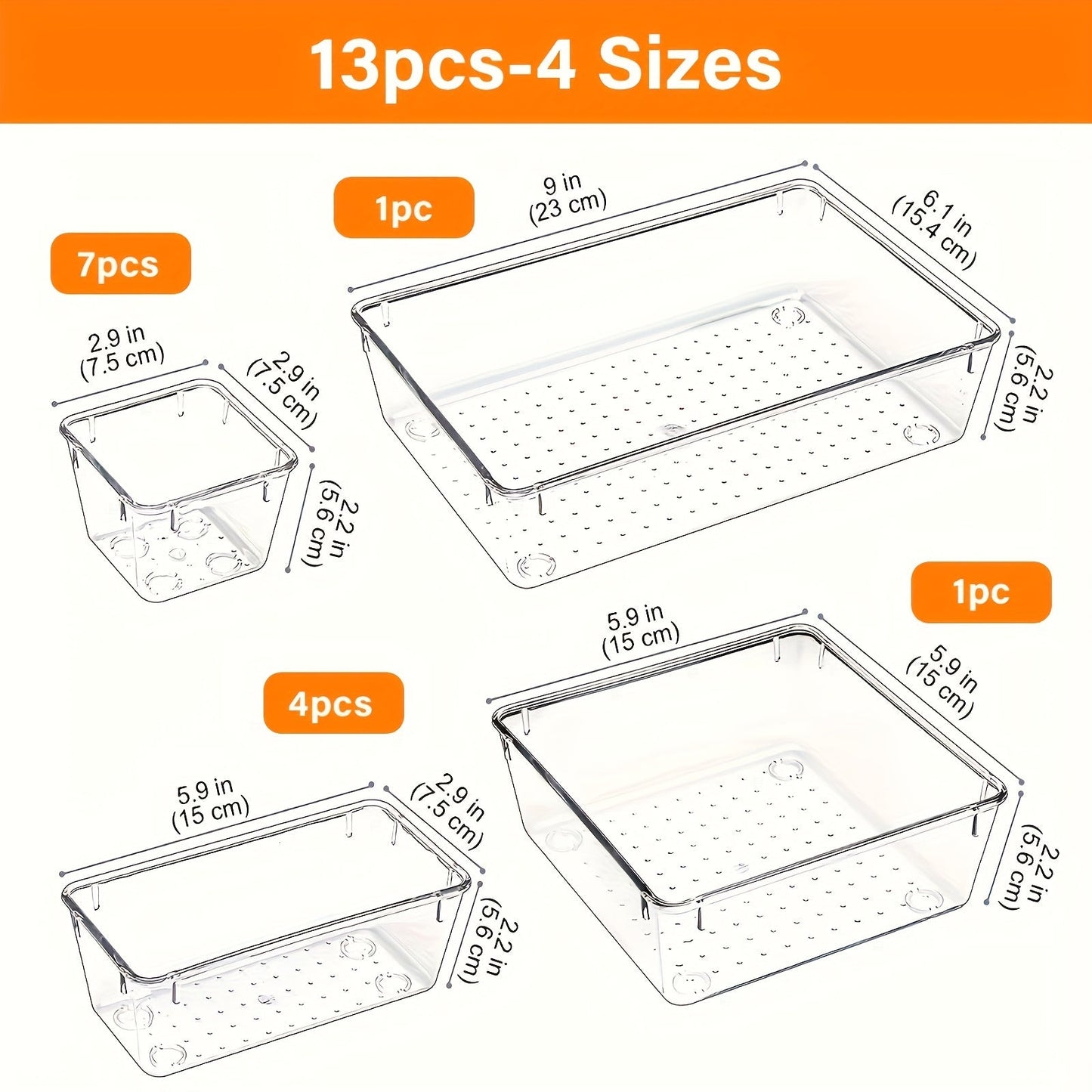 Set of 13 clear plastic drawer organizers, stackable and unfinished, perfect for storing makeup, cosmetics, kitchen utensils, tools - includes non-slip rubber pads.