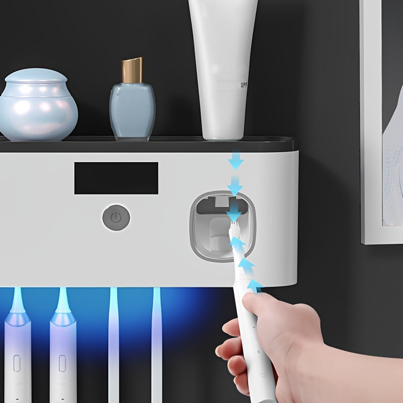 UV Toothbrush with wall-mounted holder that kills 99% of bacteria. No drilling required, includes automatic toothpaste dispenser and can be charged using solar or DC5V.