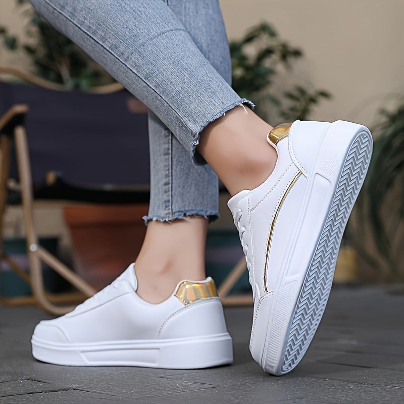 Stylish and comfortable white low top lace-up sneakers for women.