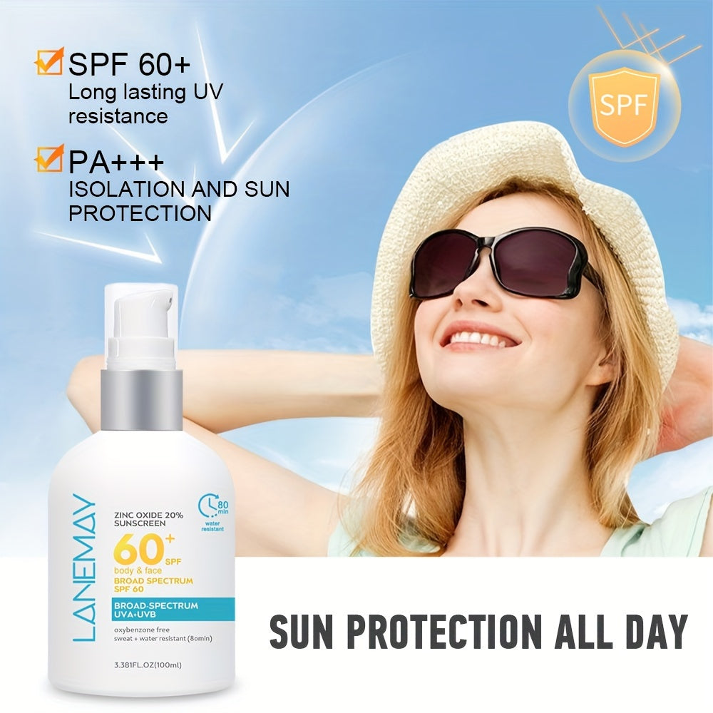 Lanemay SPF 60 Sunscreen Lotion with 20% Zinc Oxide for UVA/UVB Protection, Water & Sweat Resistant, Hyaluronic Acid & Vitamin E, 3.38 fl oz