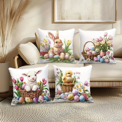 Set of 4 Easter floral throw pillow covers made of soft polyester with zip closure, hand washable. Ideal for sofa, home decor, office, and living room. No insert included. Single-sided printing.