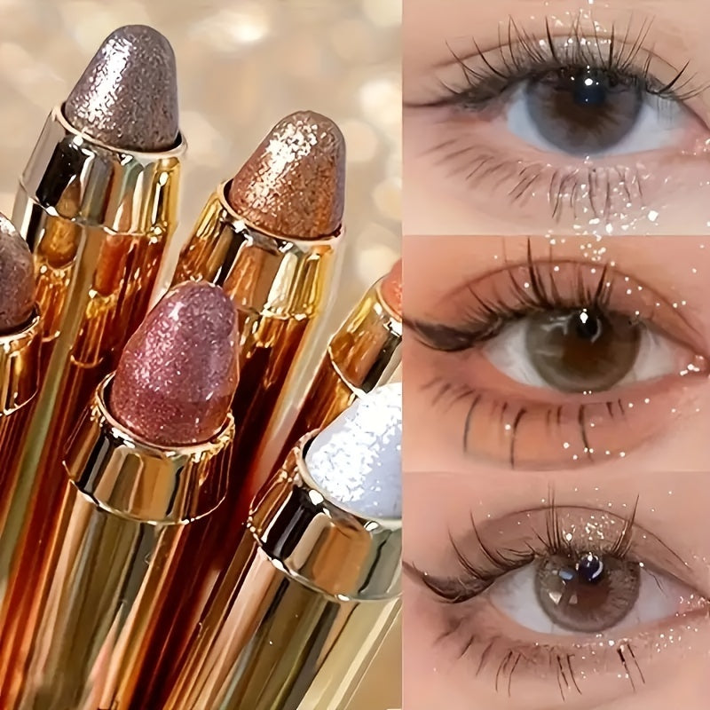 Set of 5-8 dual-ended glitter eyeshadow pencils for natural and shimmery finish with fine sparkle highlighter, contour and brightening. Colors include golden, pink, fair, grey, and silvery