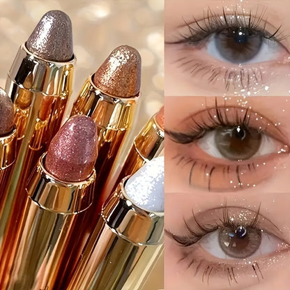 Set of 5-8 dual-ended glitter eyeshadow pencils for natural and shimmery finish with fine sparkle highlighter, contour and brightening. Colors include golden, pink, fair, grey, and silvery