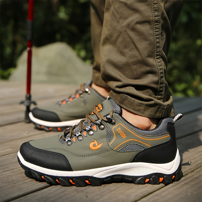 Large men's hiking boots and casual sports shoes with lace closure, solid color, lightweight design, and durable construction for outdoor activities.