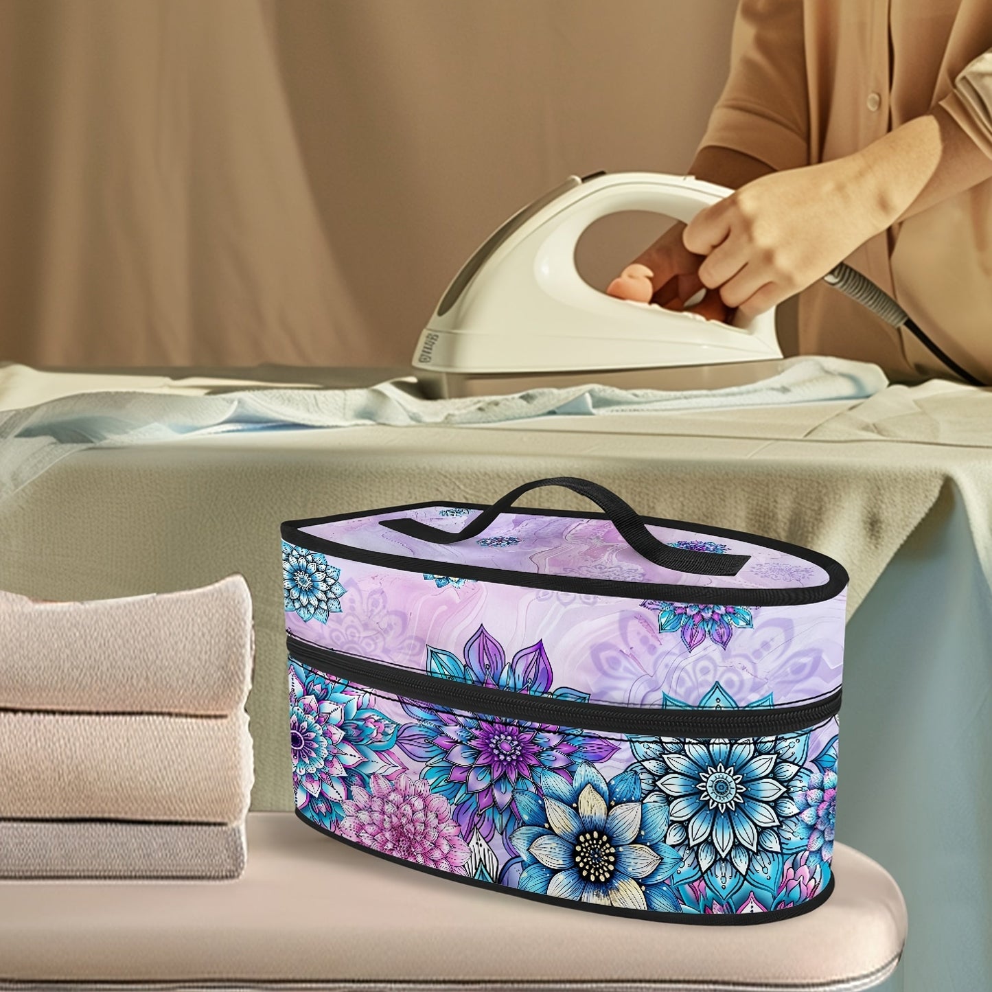 Portable Ironing Bag with Floral Pattern, Top Handle, and Double Zipper - Perfect for Travel and Storage, Made of Durable Polyester Material, Dustproof Design