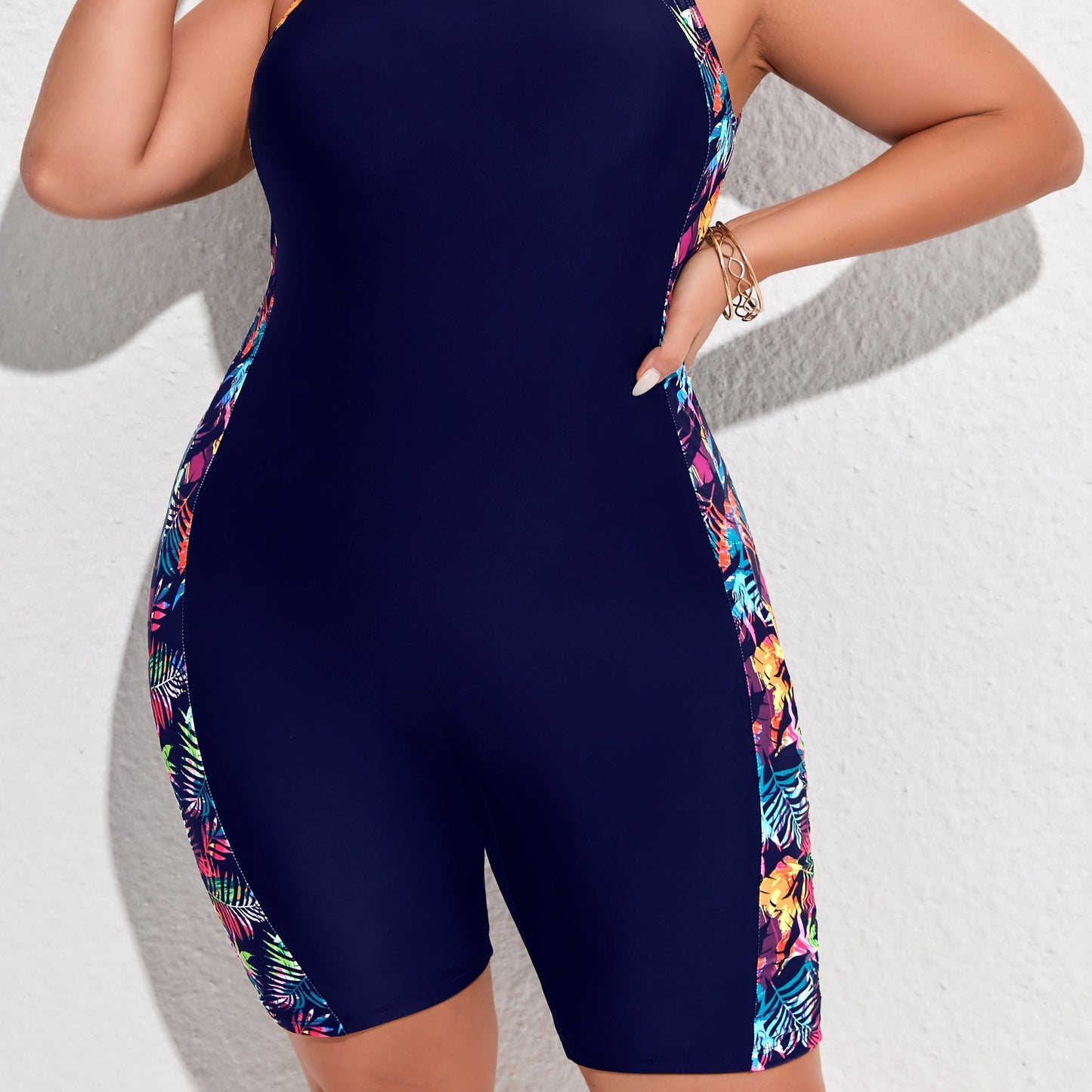 Modest plus size one piece swimsuit in color block tropical print