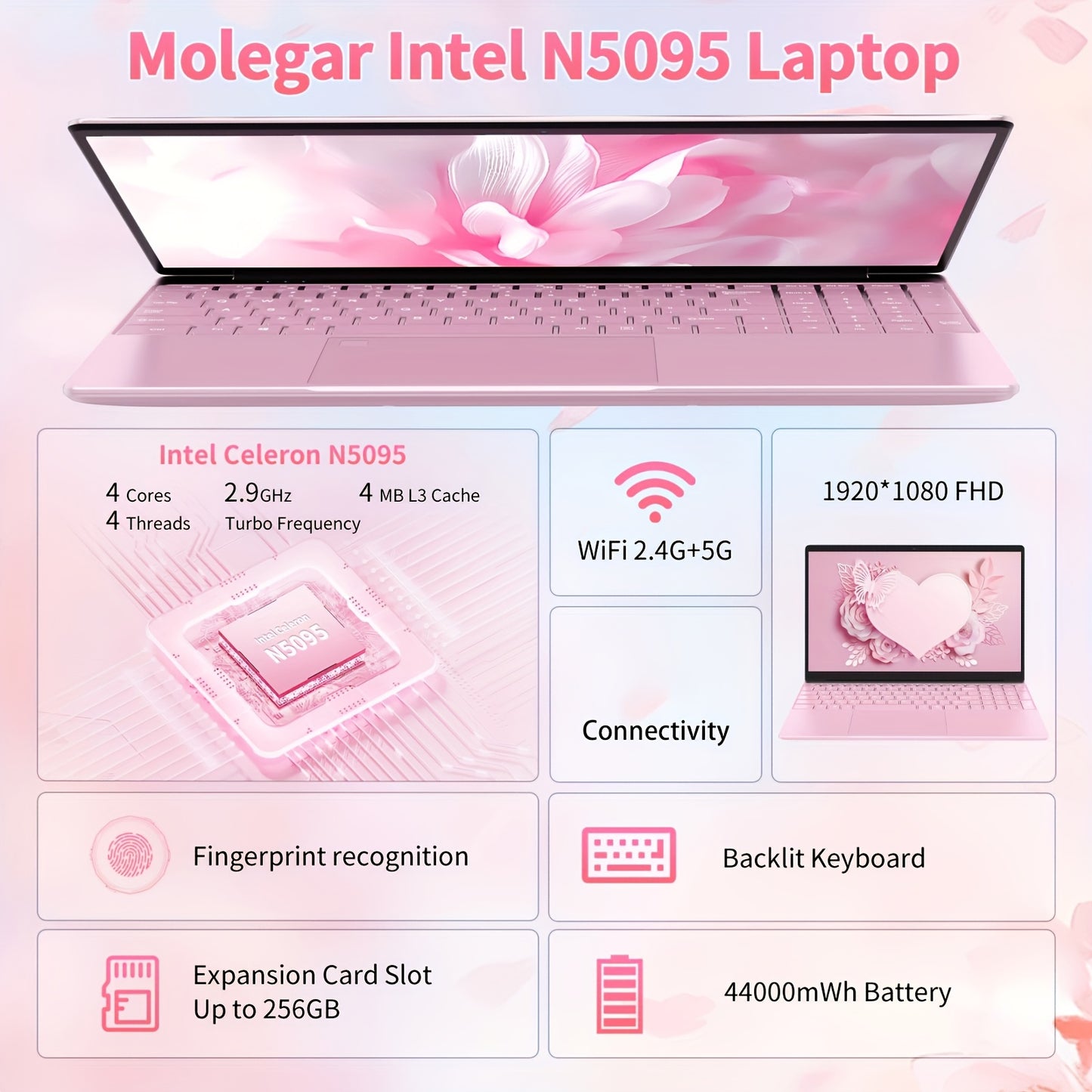 Pink 39.62cm laptop with 8GB DDR4 RAM, 256GB SSD, Quad-Core Intel N5095 CPU (Up to 2.9GHz), 1080P FHD display, webcam, USB 3.0, backlit keyboard - Ideal for students & professionals.