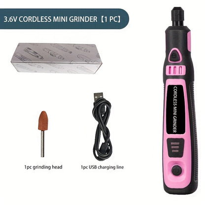 Cordless mini electric grinder set in pink with 3-speed rotary tool kit, rechargeable lithium battery. Portable machine for polishing, carving, engraving, and drilling on jade, wax, and