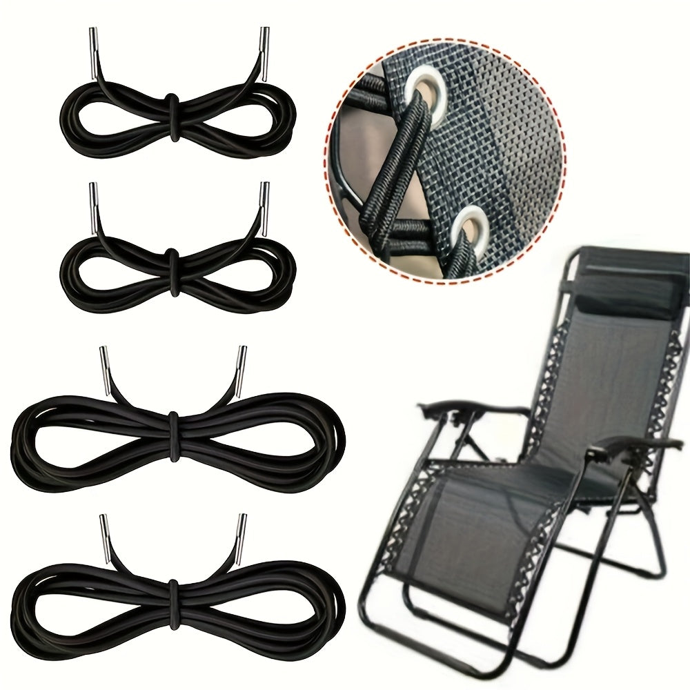 Black stretch fastener rope designed for chairs, made with elastic reinforced round cowhide binding. No need for electricity or batteries. Perfect for fitting onto lounger folding bed and leisure beach chairs as an accessory.