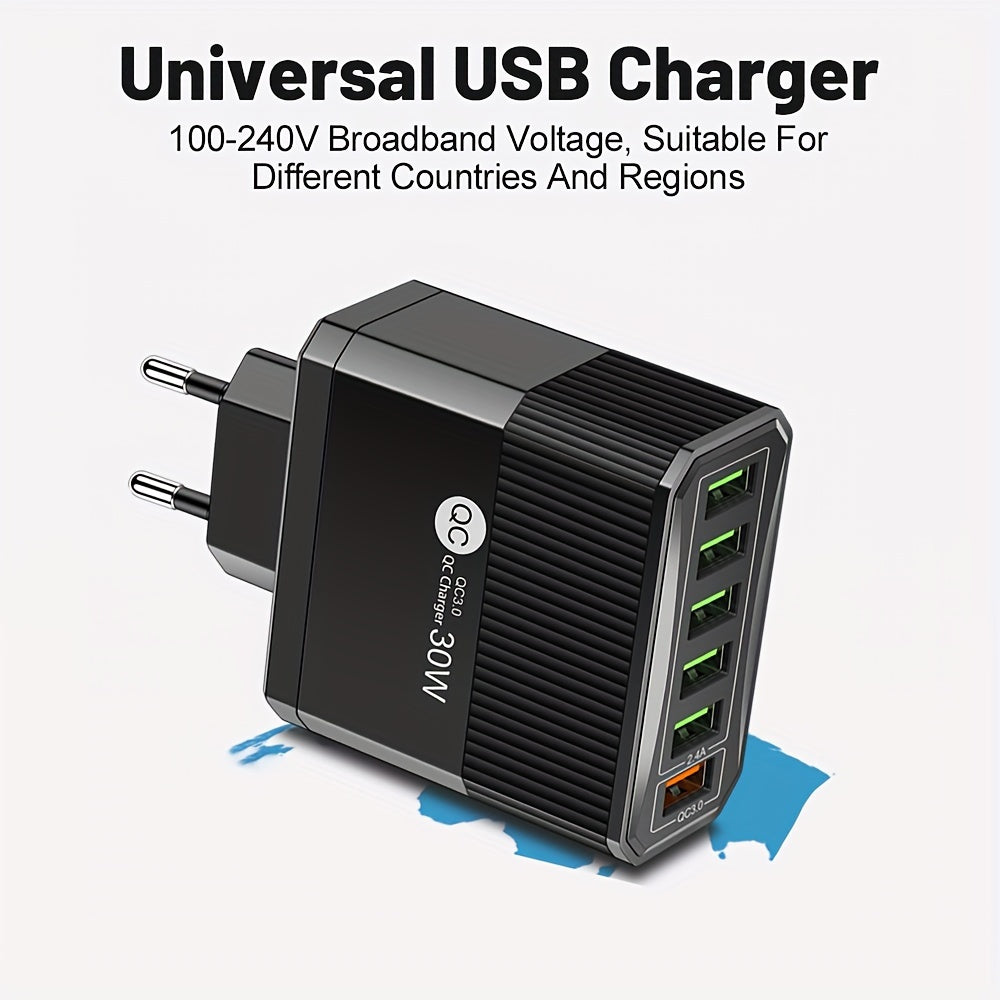 6-port USB wall adapter with 30W fast charging and QC 3.0, EU plug - ideal for mobile devices.