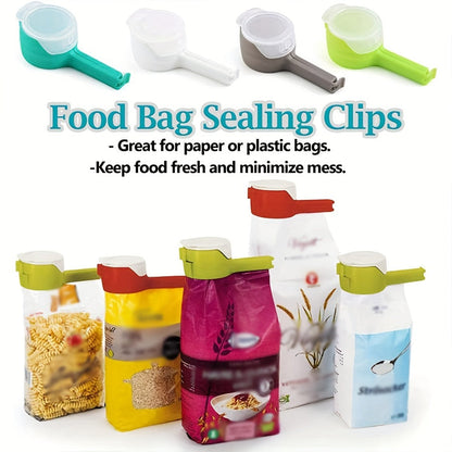 Set of 4 Seal Pour Bag Clips with Spout for Kitchen Storage - Plastic Clamp Sealers for Snack Bags, Cereal, Pasta, and Pantry Organization