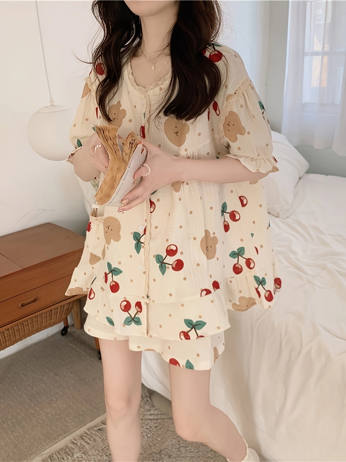 Cherry and Bear and Dot Print Lace Trim Pajama Set with Puff Sleeve Top and Elastic Shorts for Women.