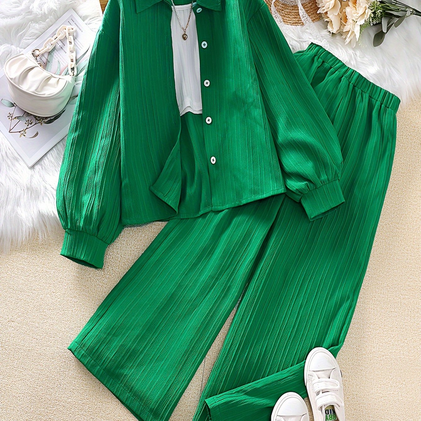 Girls' Clothing Set for 8-12 years featuring a loose 2-piece solid color outfit with a textured button blouse and wide-leg pants in a stylish and simple Korean style. Perfect for daily