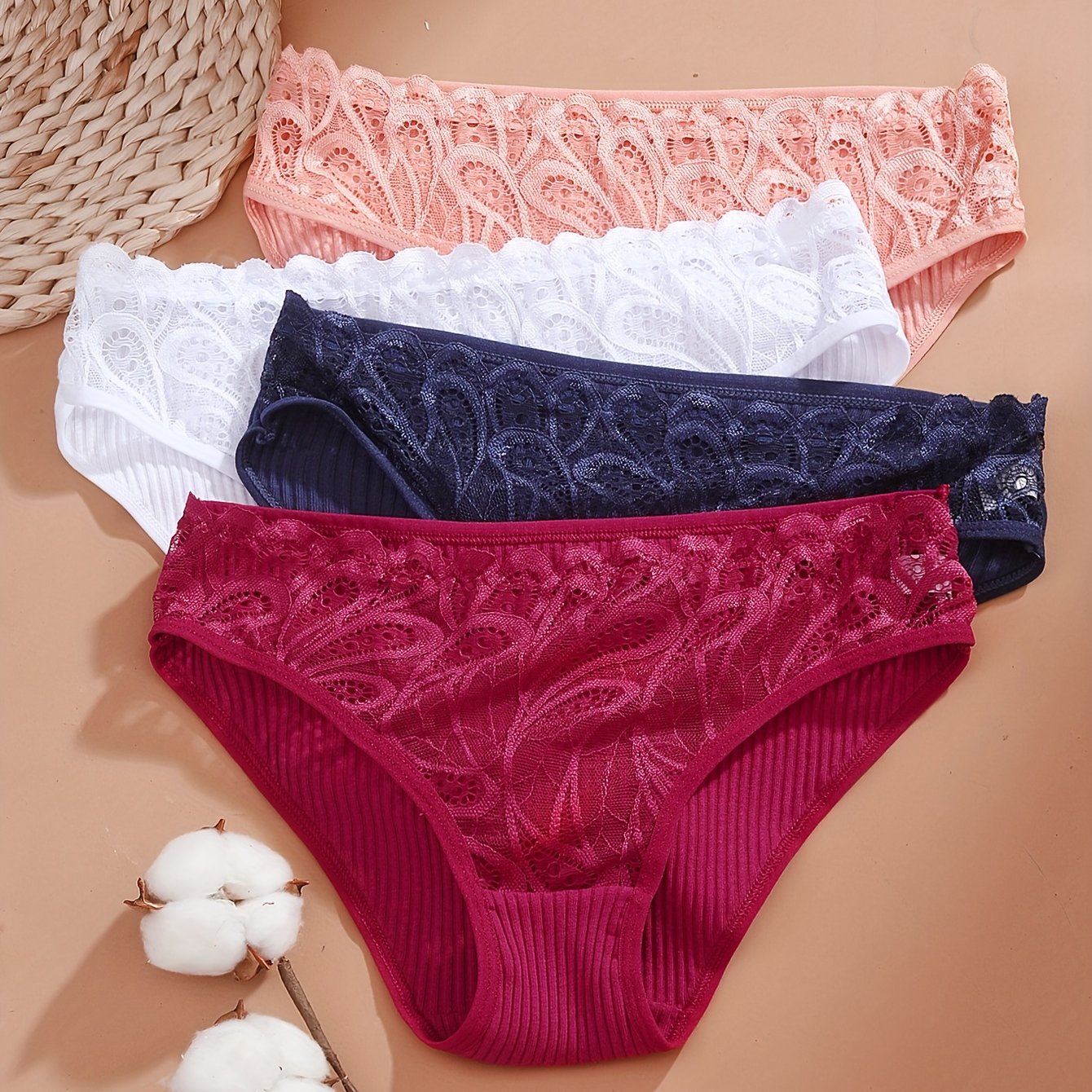 4 lace ribbed briefs, comfortable and breathable, perfect for women's lingerie and underwear.