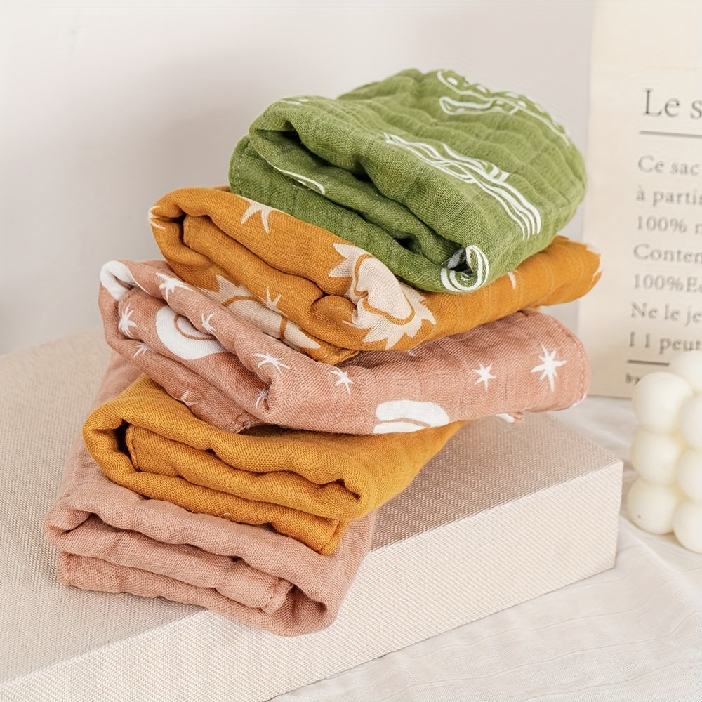 Set of 5 Bamboo Muslin Square Towels, 4 Layers of Soft Bath Towels, Featuring Cute Prints and Solid Colors - Perfect for Burp Cloths