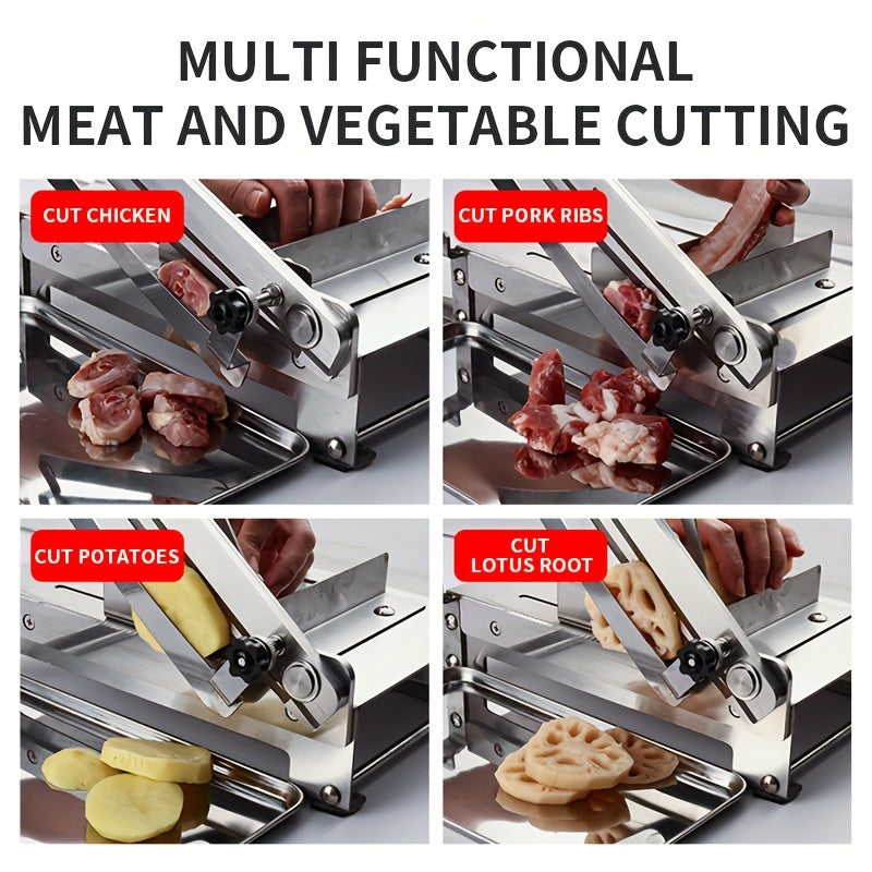 Manual mandoline slicer made of stainless steel - versatile hand protection device for cutting bones with adjustable thickness, featuring a sharp rectangular blade for slicing meat and vegetables.