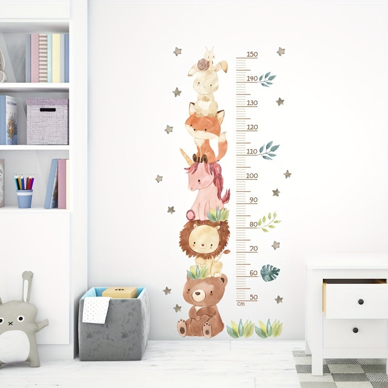 Cartoon animal height measurement wall stickers for room decor.