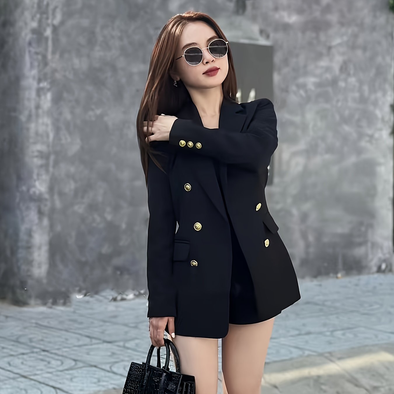 Women's double-breasted blazer with notched lapel for office and work.