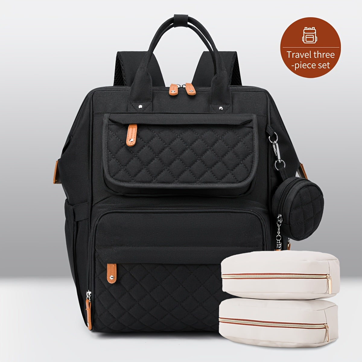 Portable mom storage backpack with large capacity and multiple compartments for diapers and milk bottles.