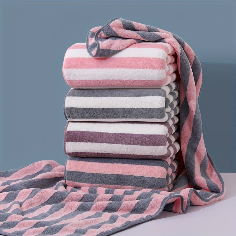 1 Quick-Dry Plush Coral Fleece Towel, Absorbent, Comfortable, Modern Stripe Design, Ideal for Home & Travel