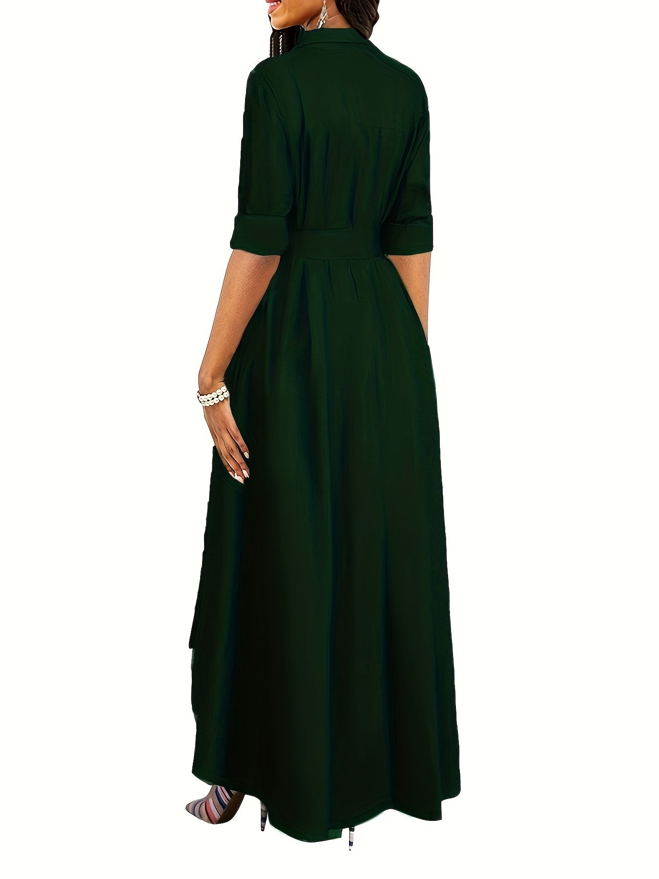 Stylish green midi dress for women, featuring a button-up collar design in a polyester and spandex blend with belt detail.