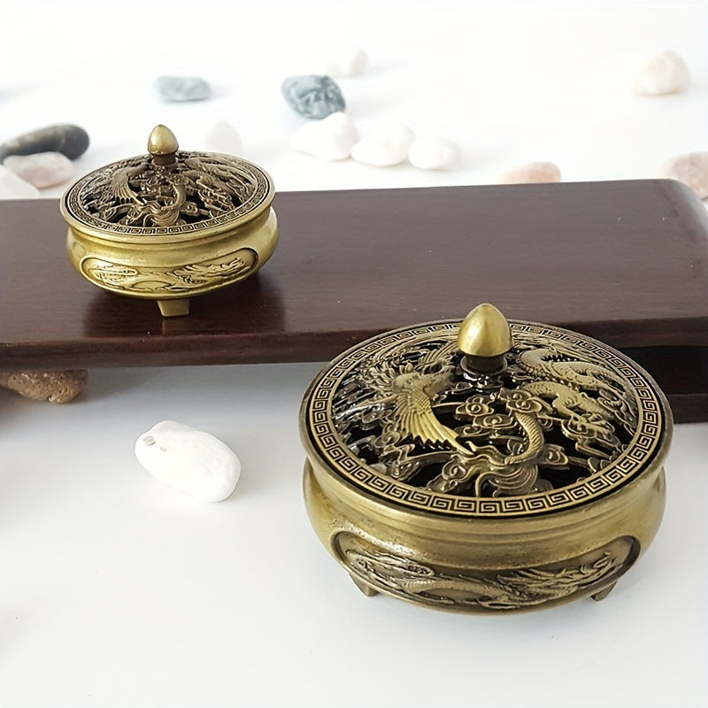 Dragon and Phoenix Hollow Incense Burner for Zen Home Tea Set with Sandalwood Incense Plate Holder