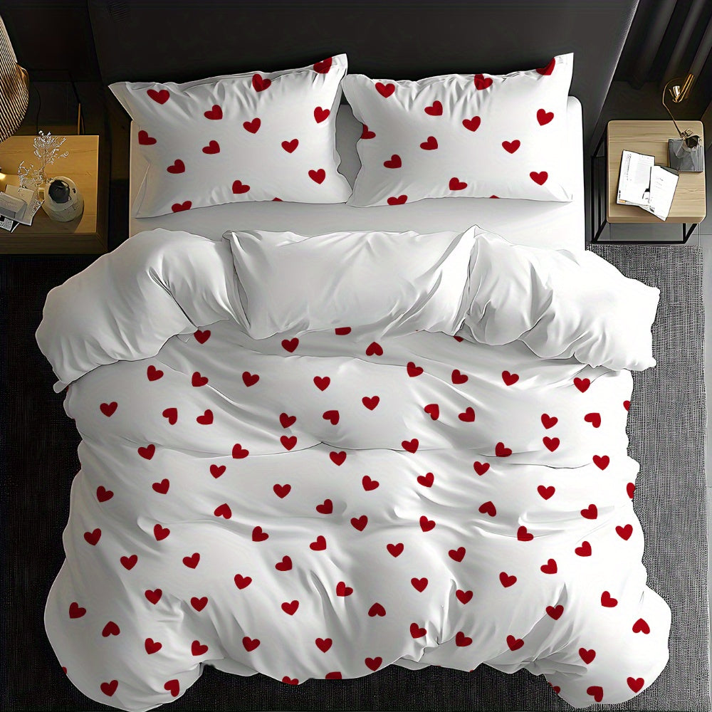 Valentine's Day-themed 3-piece bedding set featuring pure love design pattern made of soft fleece fabric with 3D digital printing. Includes 1 quilt cover and 1-2 pillowcases. Suitable for